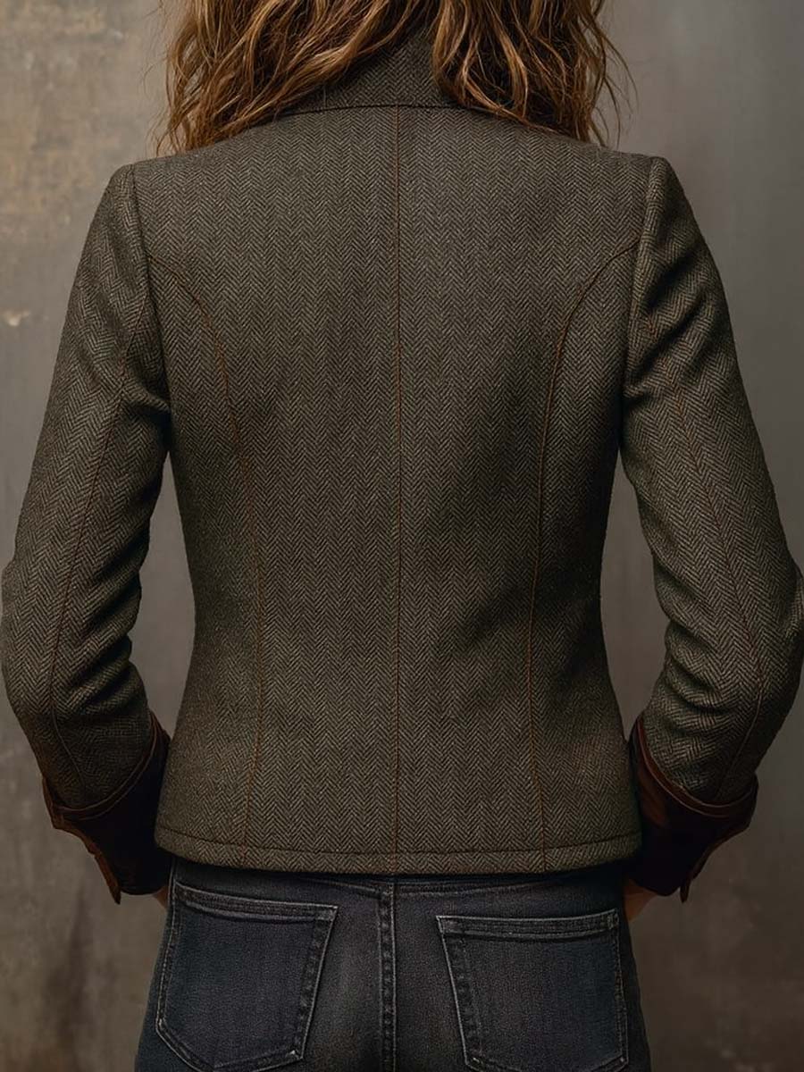 Michaela | Vintage Herringbone Contrast Trim Blazer