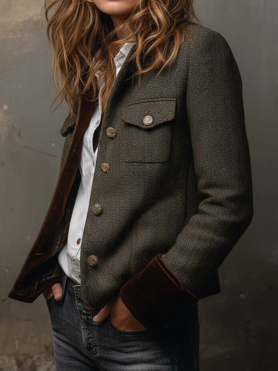 Michaela | Vintage Herringbone Contrast Trim Blazer