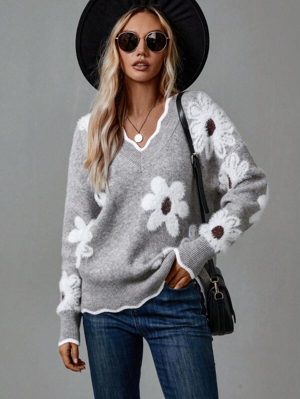 Sofia | Pull en maille à col V et motif floral