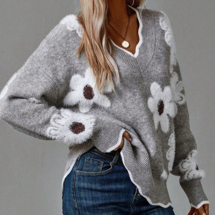 Sofia | Pull en maille à col V et motif floral