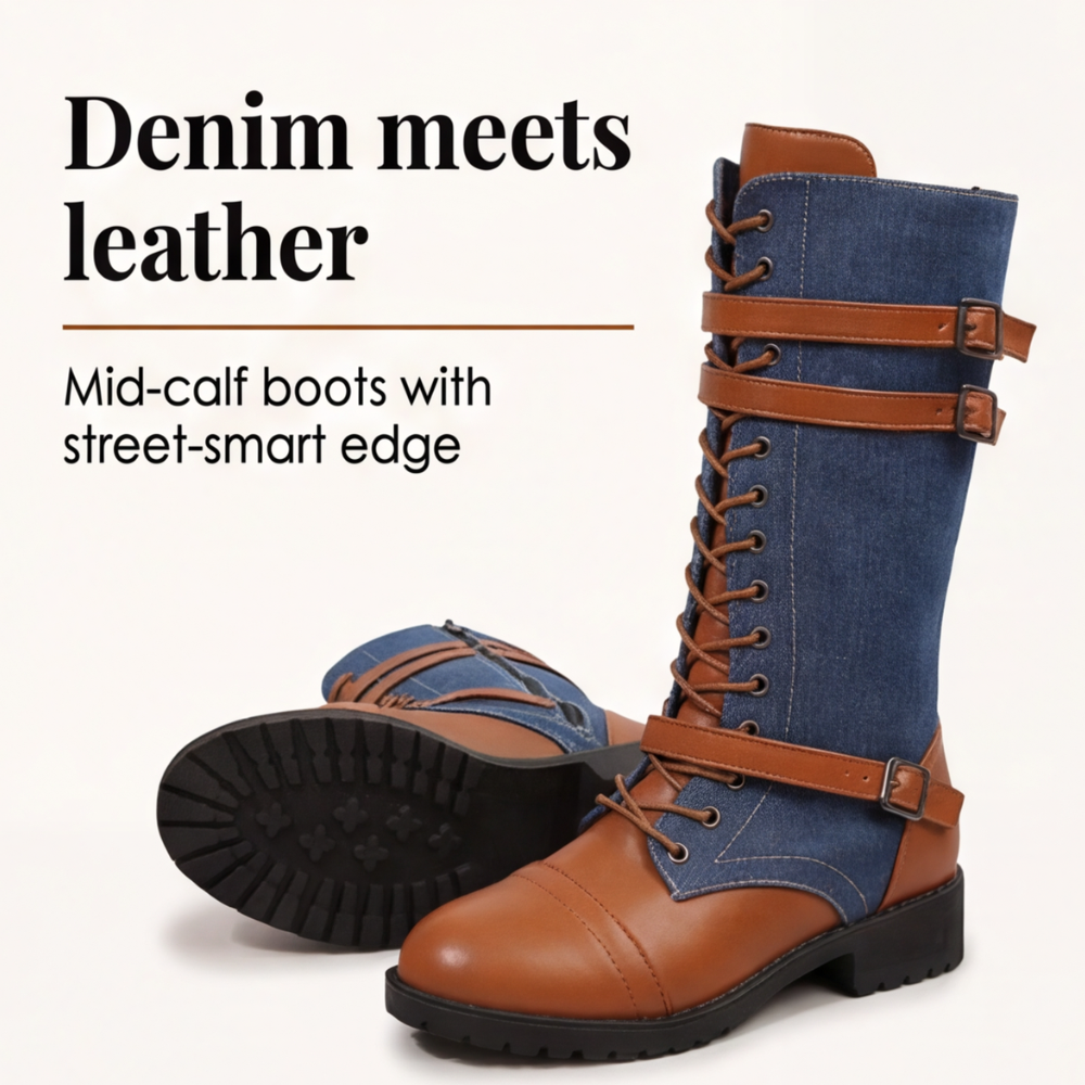 Rokia | Denim And Leather Mid-Calf Riding Boots