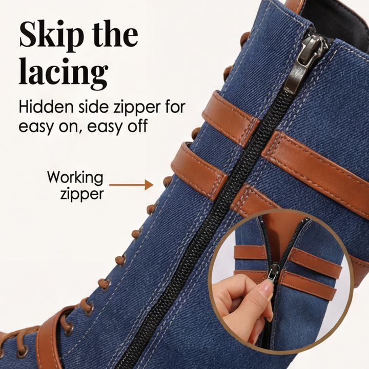Rokia | Denim And Leather Mid-Calf Riding Boots