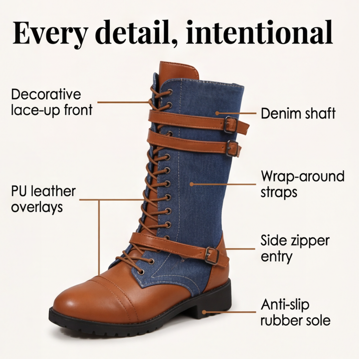 Rokia | Denim And Leather Mid-Calf Riding Boots