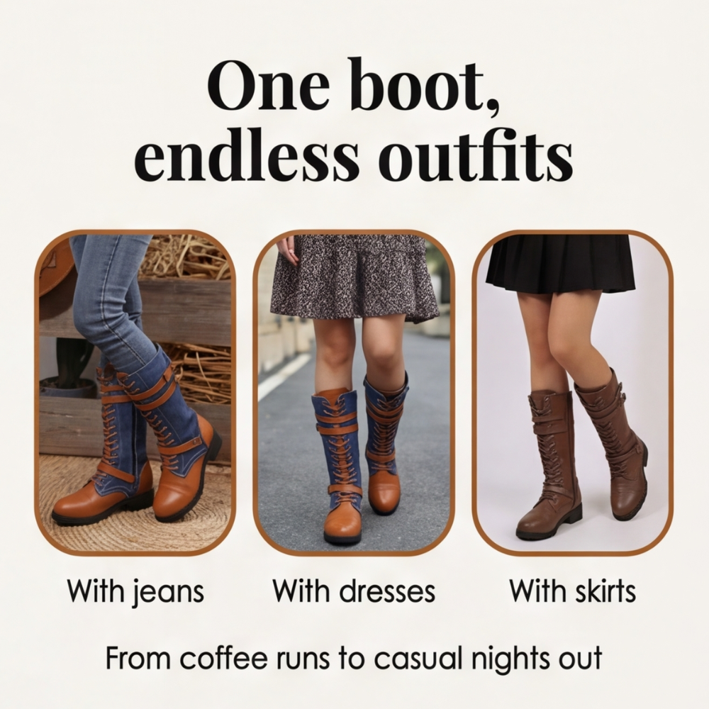 Rokia | Denim And Leather Mid-Calf Riding Boots