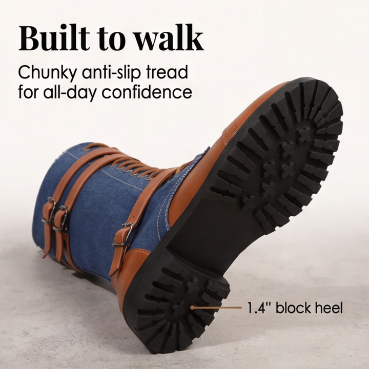 Rokia | Denim And Leather Mid-Calf Riding Boots