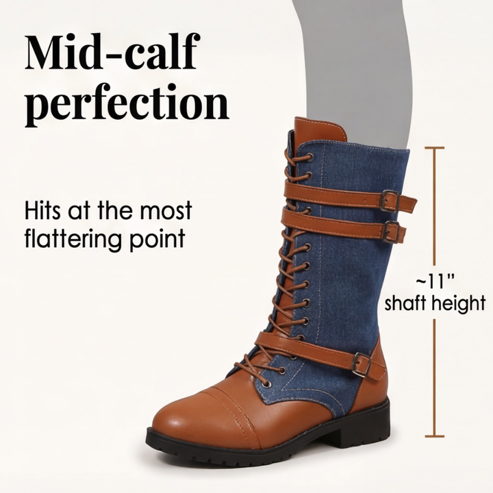 Rokia | Denim And Leather Mid-Calf Riding Boots
