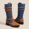 Rokia | Denim And Leather Mid-Calf Riding Boots