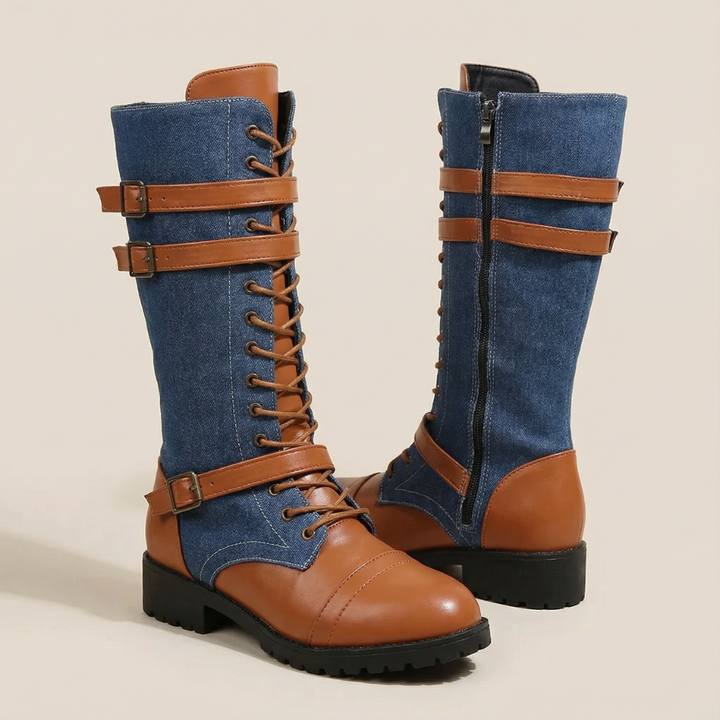 Rokia | Denim And Leather Mid-Calf Riding Boots