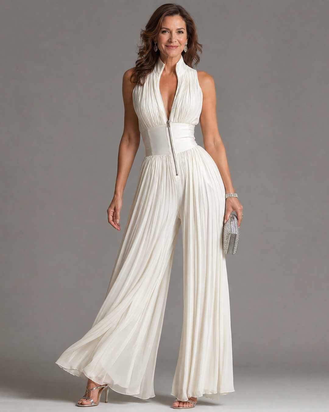 Zakira Elegant Pleated Jumpsuit in White