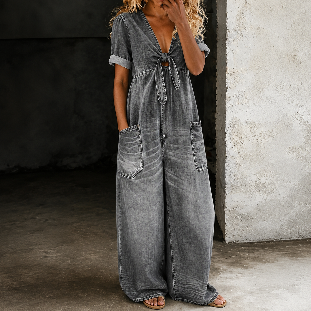 Maya Wide-Leg Denim Jumpsuit - Stone Grey