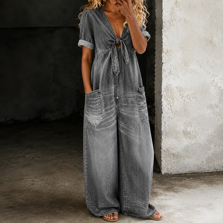 Maya Wide-Leg Denim Jumpsuit - Stone Grey