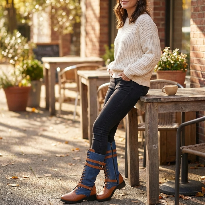 Rokia | Denim And Leather Mid-Calf Riding Boots