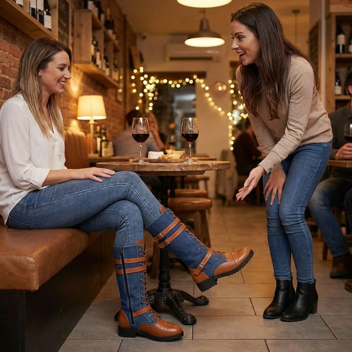 Rokia | Denim And Leather Mid-Calf Riding Boots