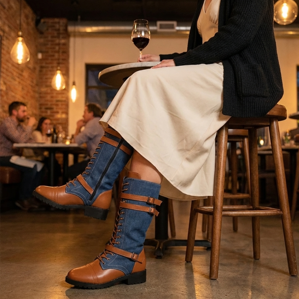Rokia | Denim And Leather Mid-Calf Riding Boots