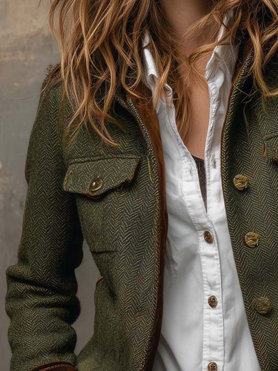 Michaela | Vintage Herringbone Contrast Trim Blazer
