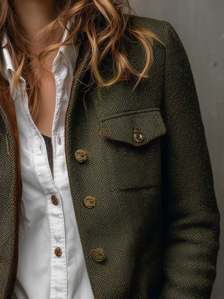 Michaela | Vintage Herringbone Contrast Trim Blazer