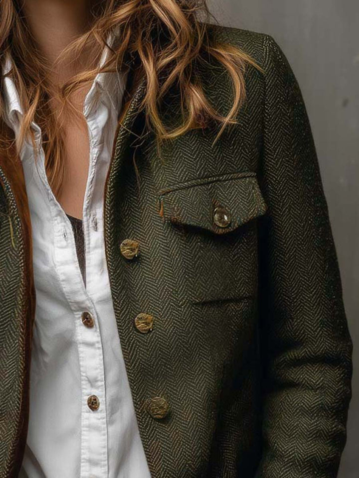Michaela | Vintage Herringbone Contrast Trim Blazer