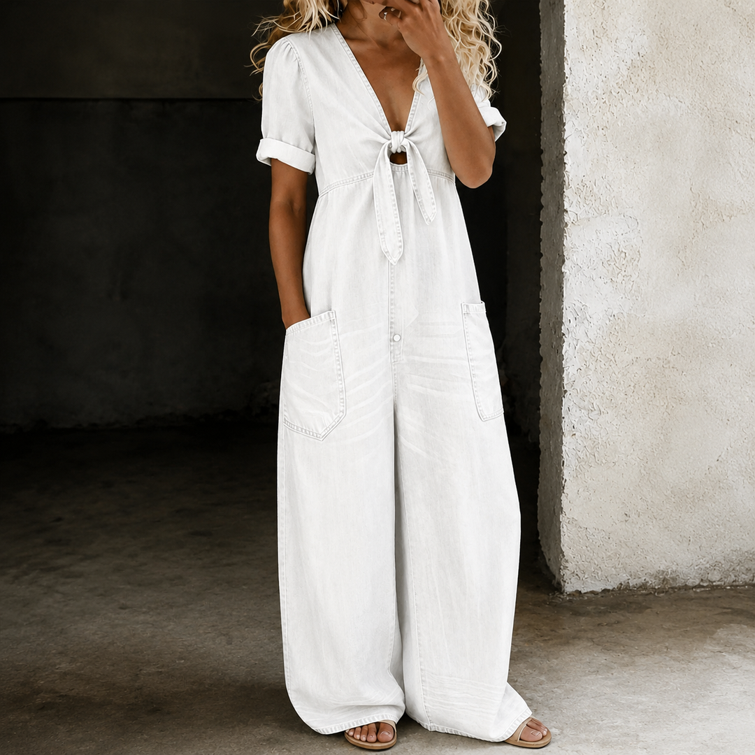Maya Wide-Leg Denim Jumpsuit - Cream