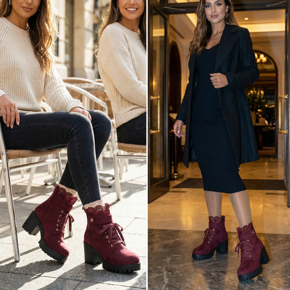 Ankita | Bottines en daim à bordure en dentelle romantique