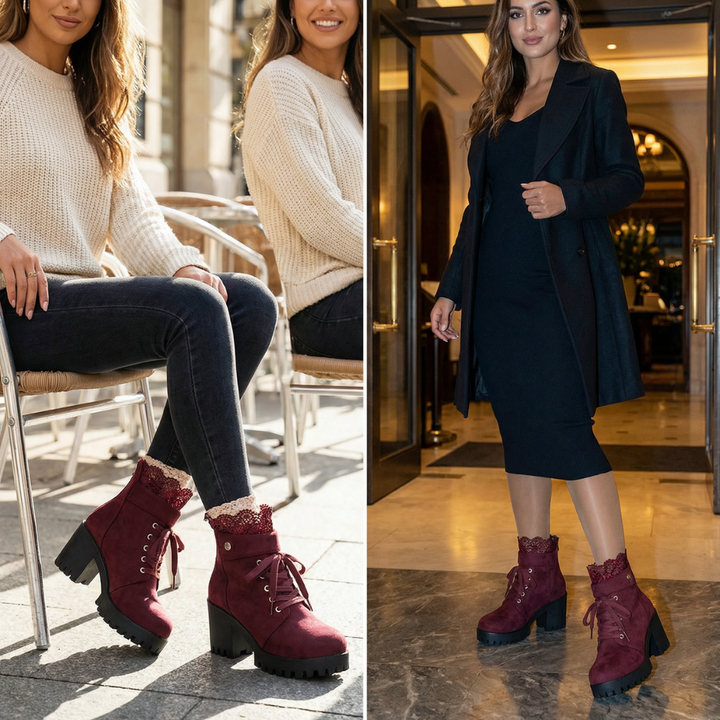 Ankita | Bottines en daim à bordure en dentelle romantique