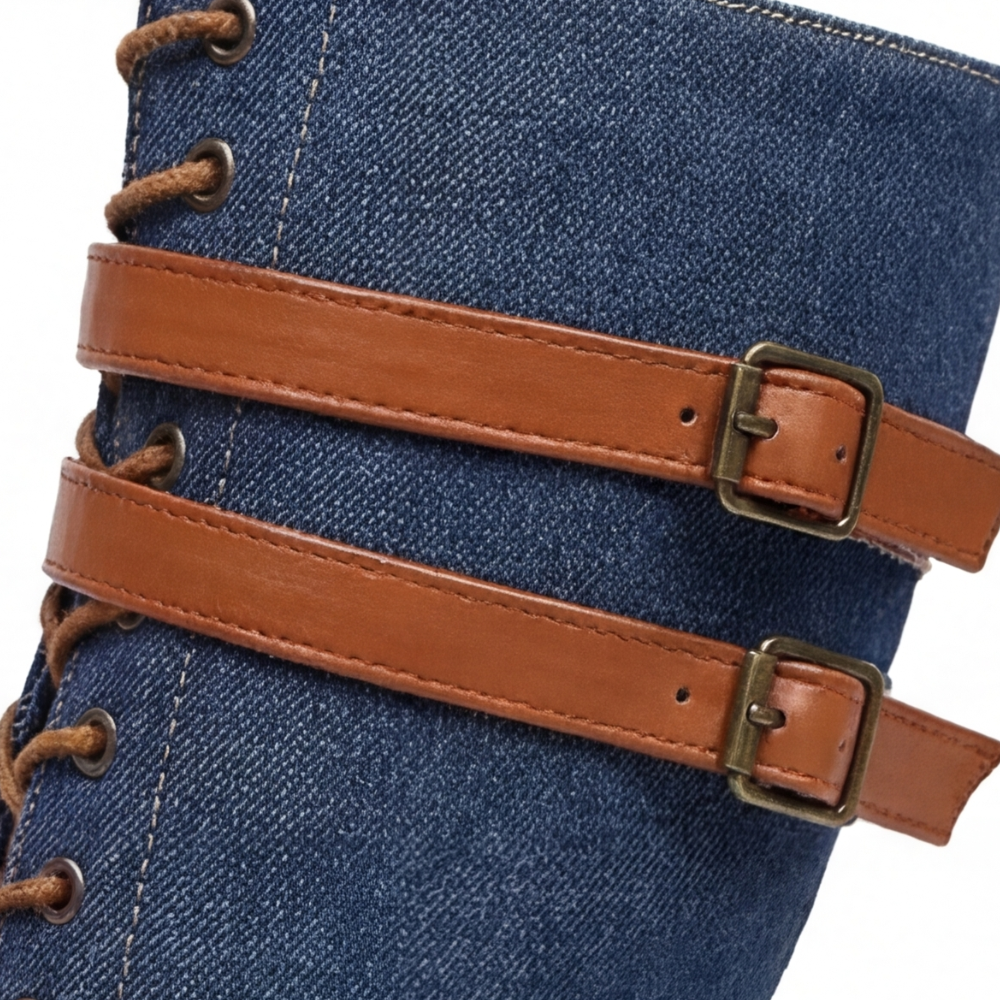 Rokia | Denim And Leather Mid-Calf Riding Boots