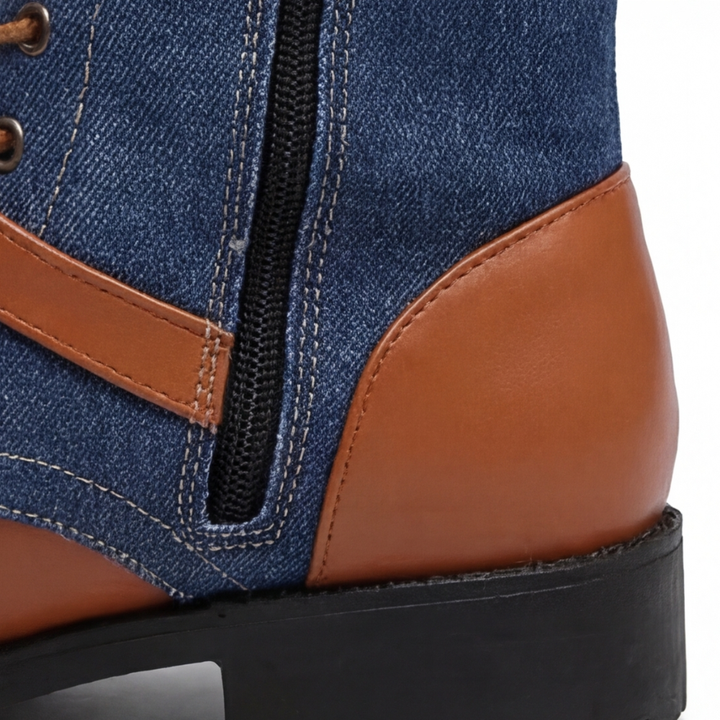 Rokia | Denim And Leather Mid-Calf Riding Boots