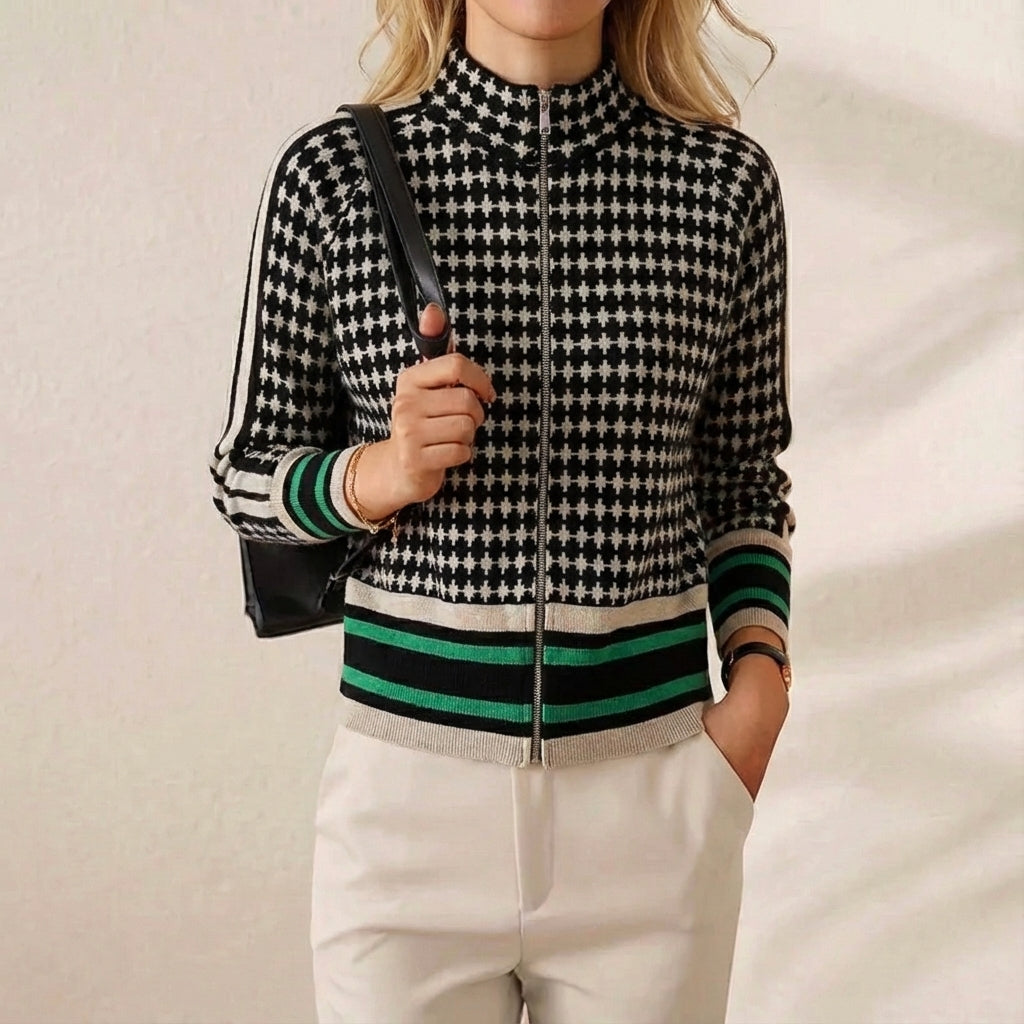 Jailyn | Zip-Up Houndstooth Knit Cardigan