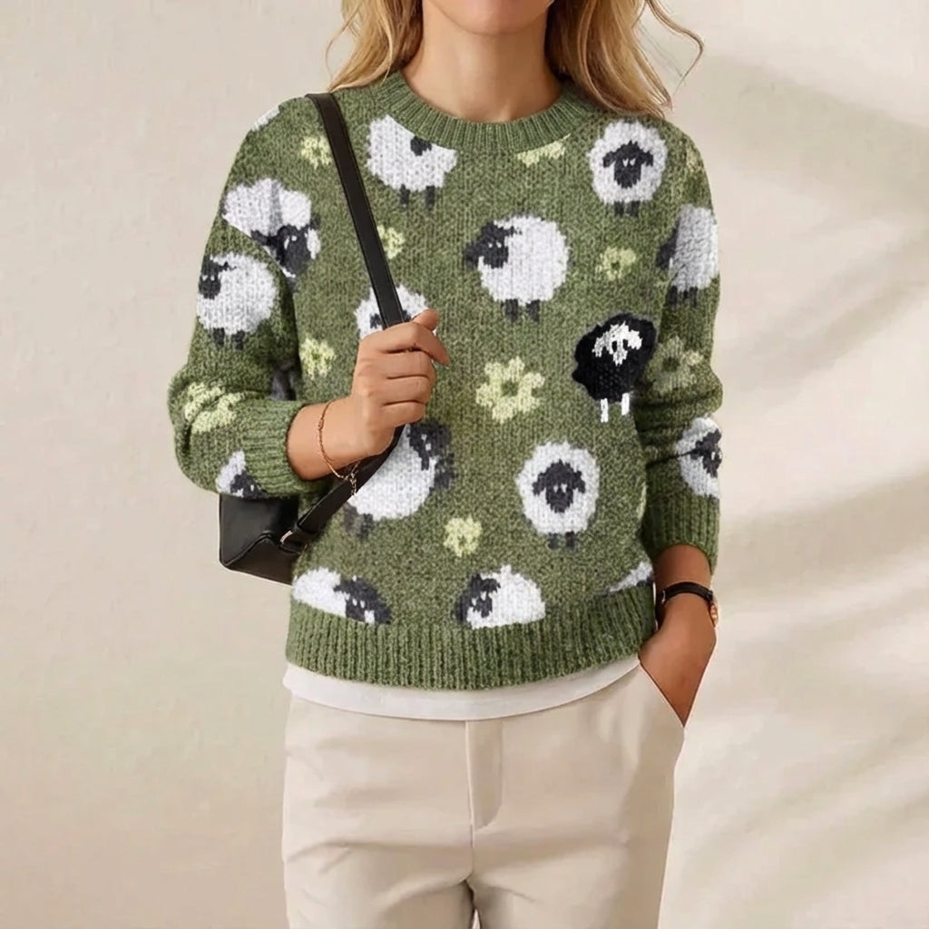 Ameera | Whimsical Sheep Print Knit Sweater