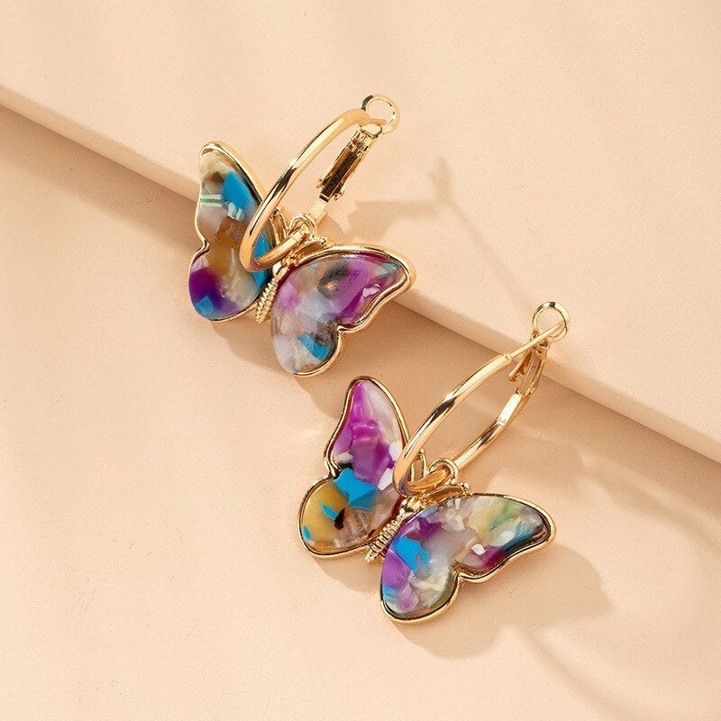 Michaella | Gold Multicolor Butterfly Hoop Earrings