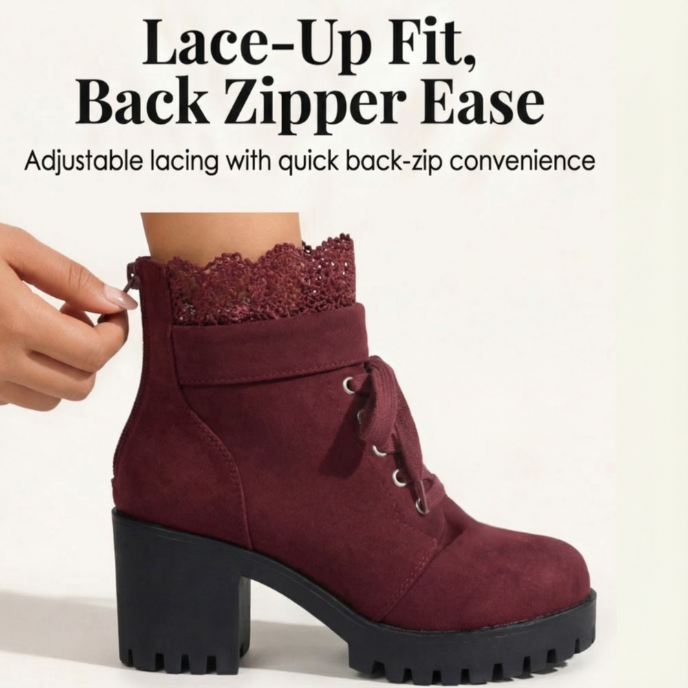 Ankita | Bottines en daim à bordure en dentelle romantique