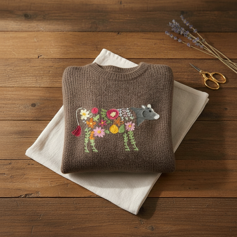 Breanne | Floral Embroidered Animal Knit Sweater