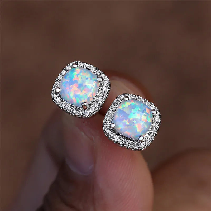 Marion | Round White Fire Opal Stud Earrings