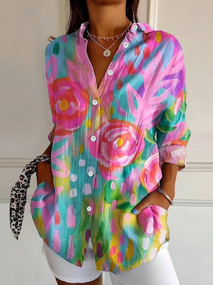 Odette Abstract Print Button-Front Blouse - Pink