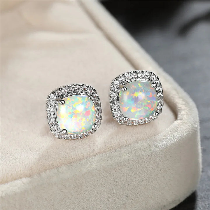 Marion | Round White Fire Opal Stud Earrings