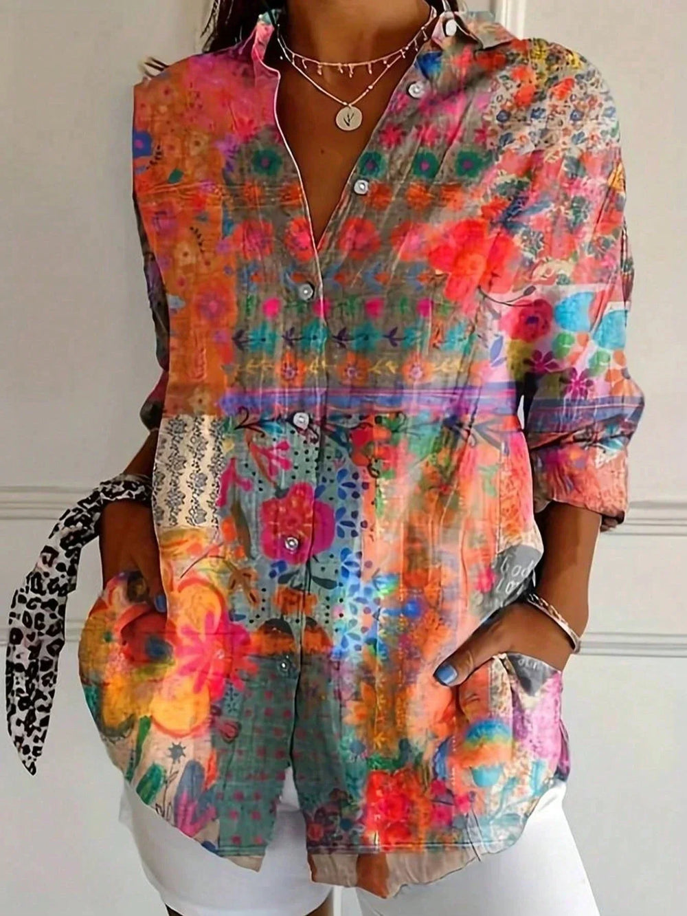 Odette Abstract Print Button-Front Blouse - Orange