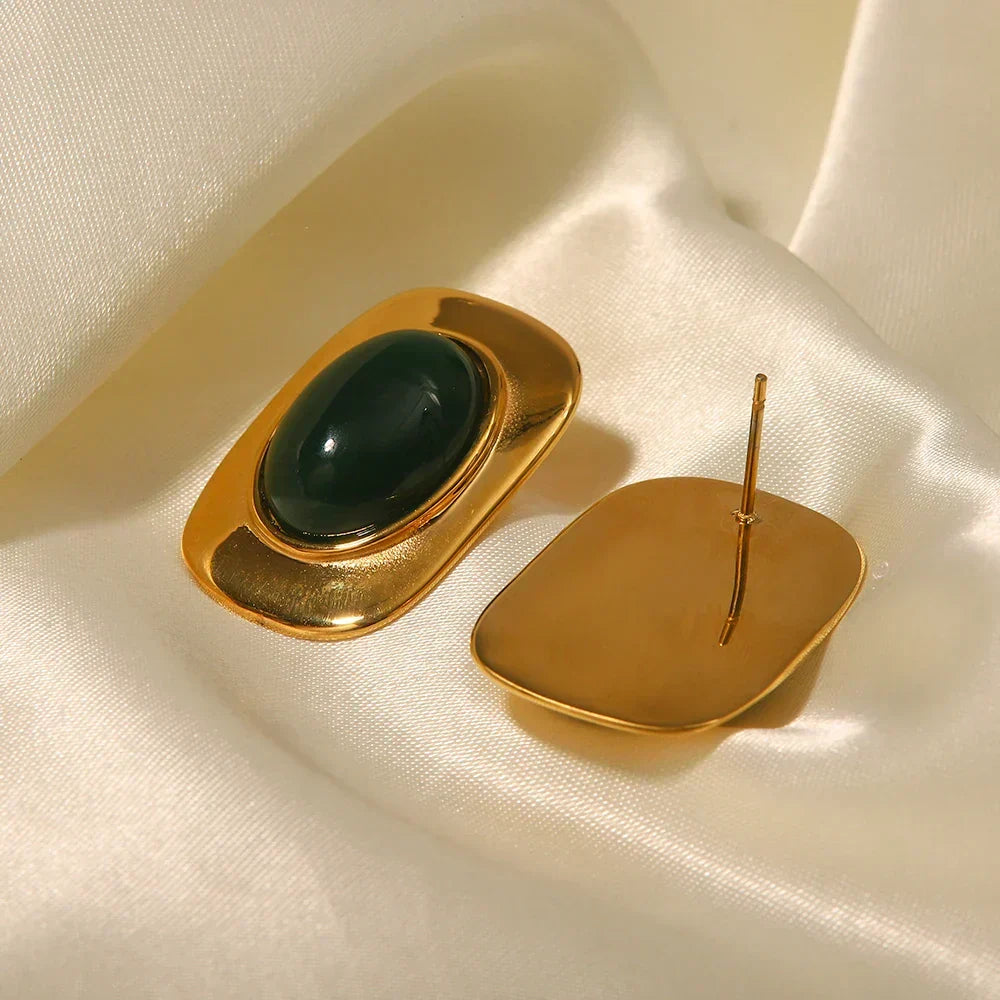 April | Gold Plated Green Opal Oval Earrings