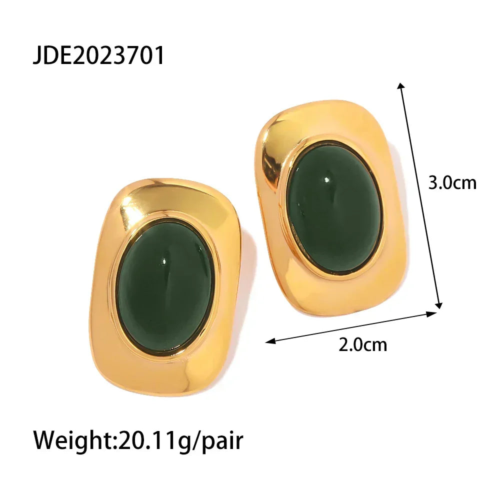 April | Gold Plated Green Opal Oval Earrings
