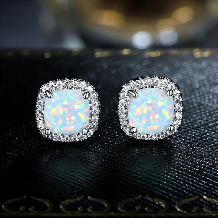 Marion | Round White Fire Opal Stud Earrings