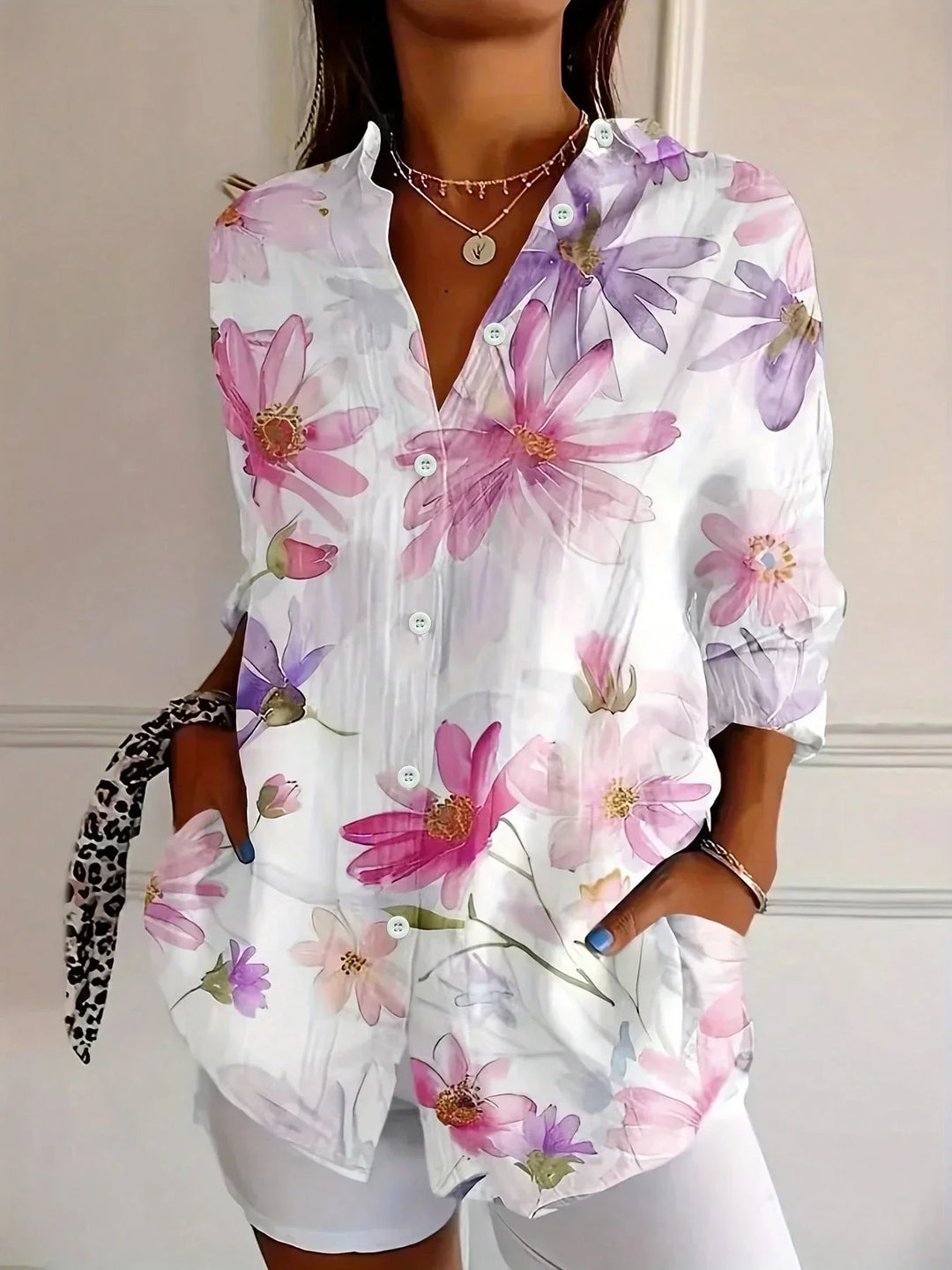Odette Abstract Print Button-Front Blouse - White