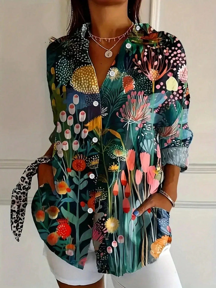 Odette Abstract Print Button-Front Blouse - Green