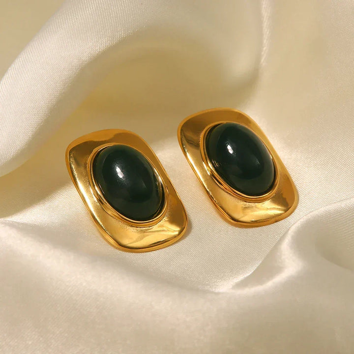 April | Gold Plated Green Opal Oval Earrings