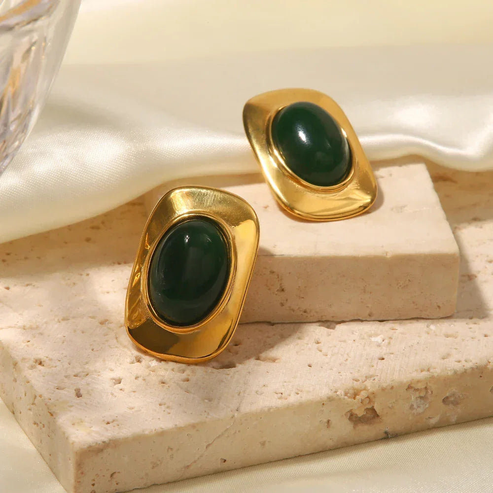 April | Gold Plated Green Opal Oval Earrings