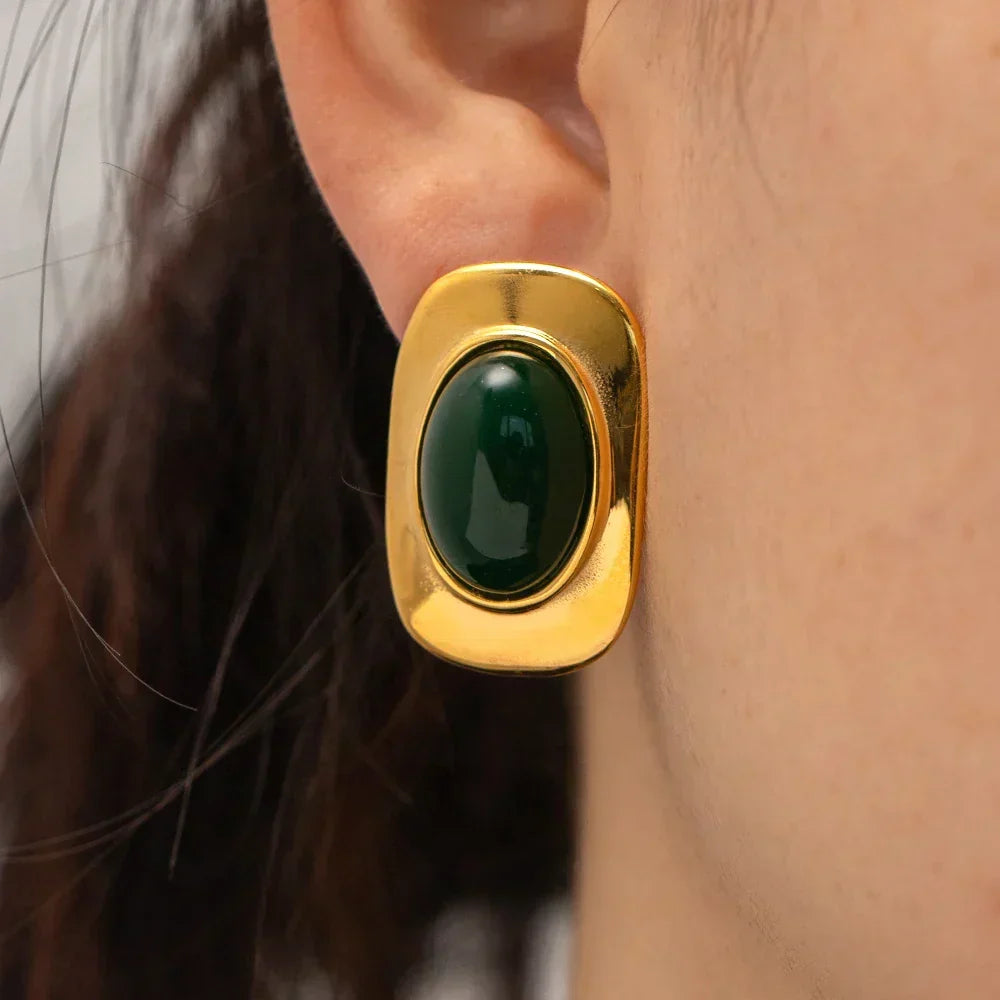 April | Gold Plated Green Opal Oval Earrings