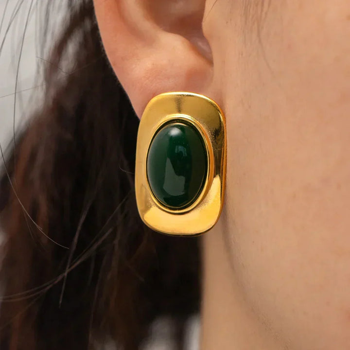 April | Gold Plated Green Opal Oval Earrings