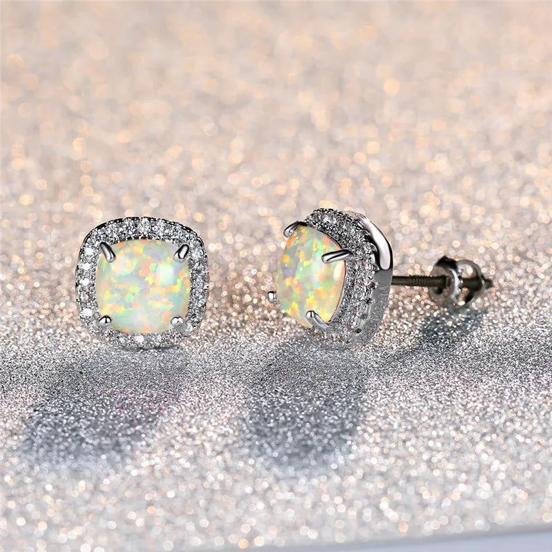 Marion | Round White Fire Opal Stud Earrings