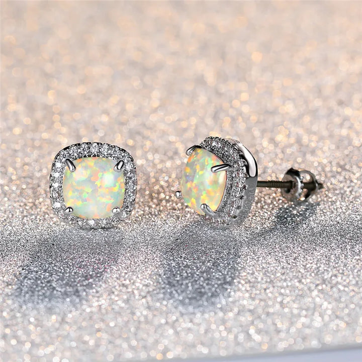 Marion | Round White Fire Opal Stud Earrings