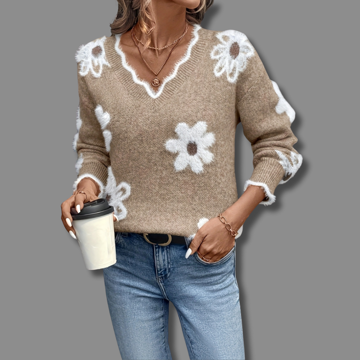 Sofia | Pull en maille à col V et motif floral