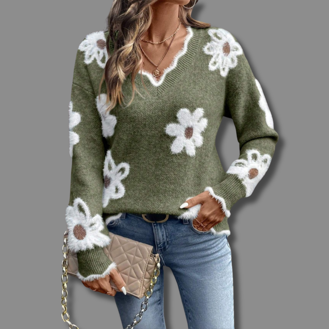 Sofia | Pull en maille à col V et motif floral