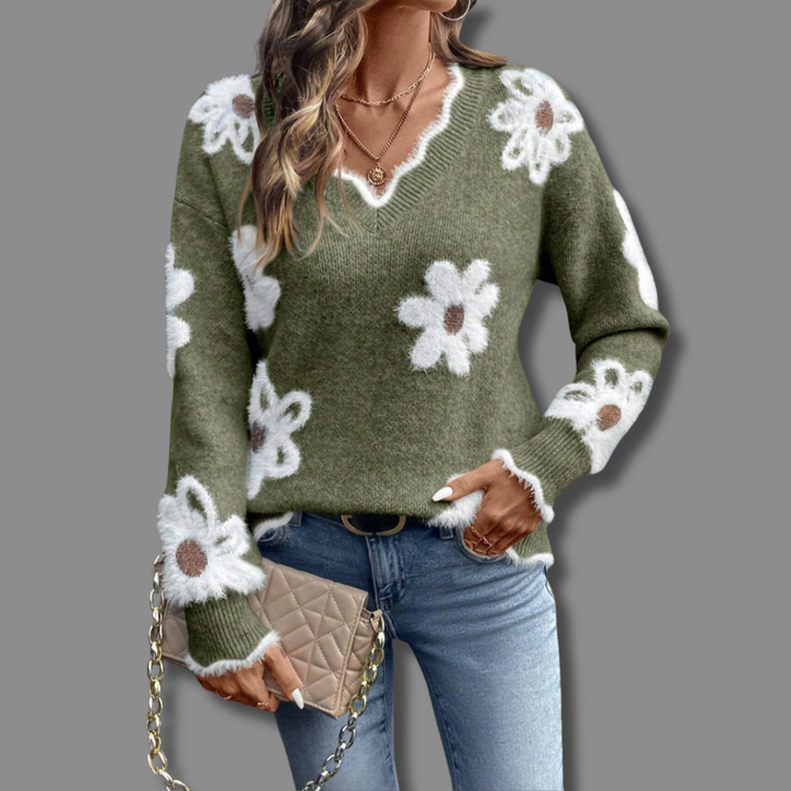Sofia | Pull en maille à col V et motif floral