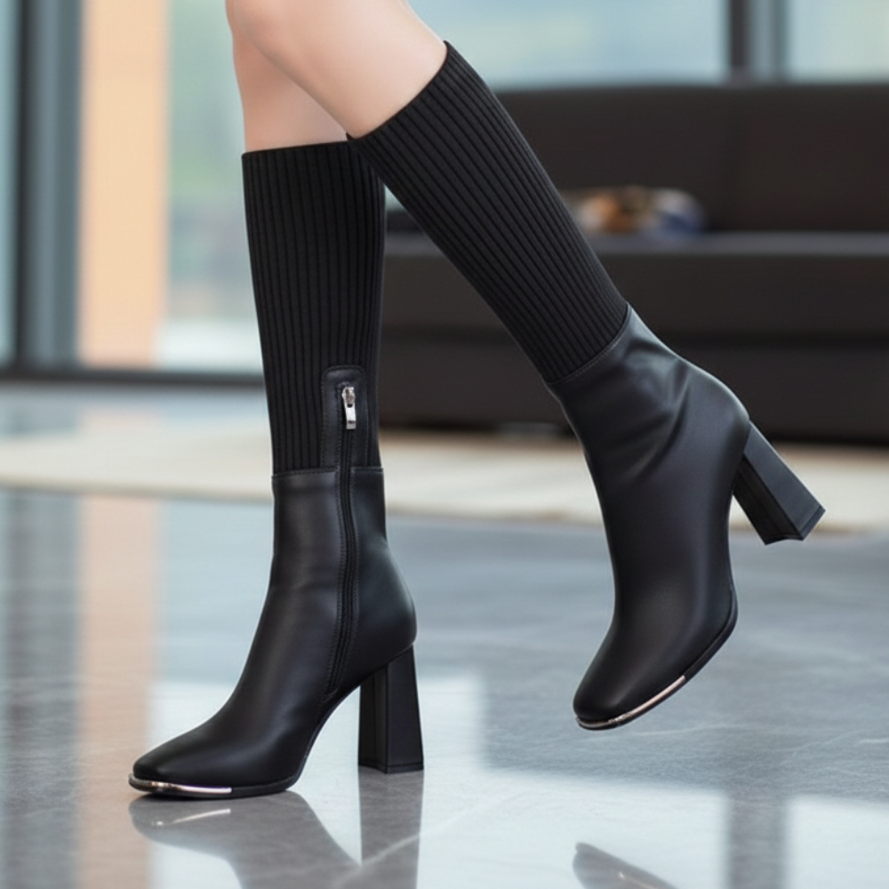 Mercedez | Bottes en maille extensible à talon carré